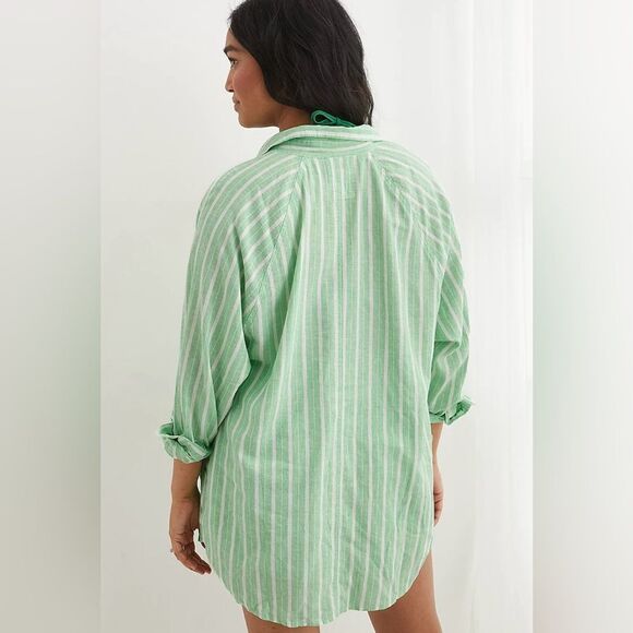 aerie S Celebrity Green White Stripe Pool-to-Party Linen Blend Cover up Shirt - Picture 4 of 17